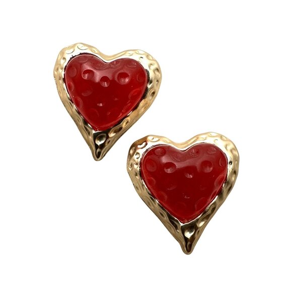 Womens Red Lucite Gold Tone Heart Earrings Pierced Chandelier New - Picture 1 of 3